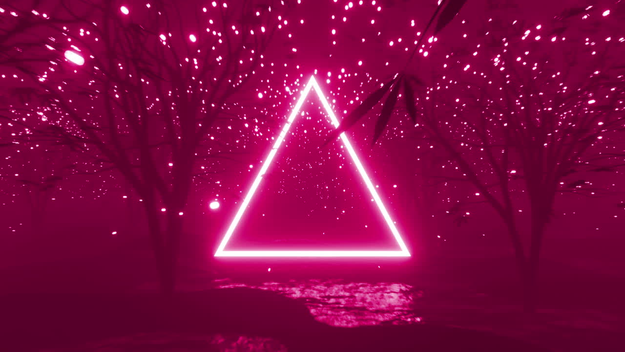 animación de triángulo brillante y árboles sobre un fondo cambiante multicolor