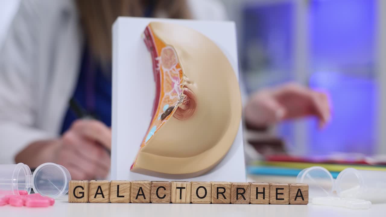 Wooden cubes arranged on table create word galactorrhea
