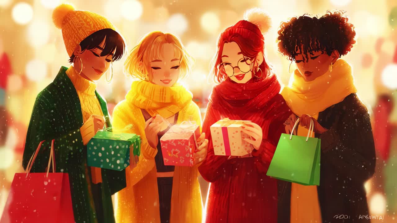A Joyful Gathering of Friends Sharing Holiday Gifts in Vibrant Winter Attire and Cheerful Colors, Celebrating the Spirit of Giving and Togetherness in a Warm Festive Atmosphere