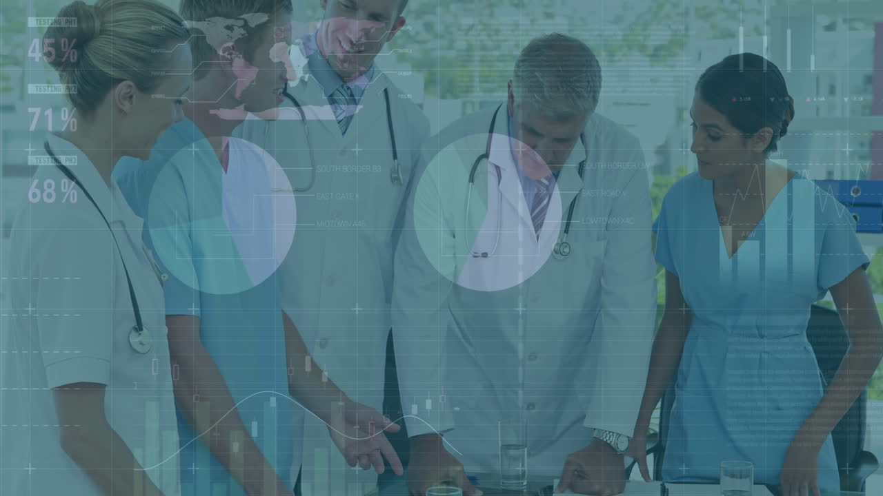 Animation af databehandling over et team af forskellige læger og sundhedsarbejdere, der diskuterer på hospitalet.