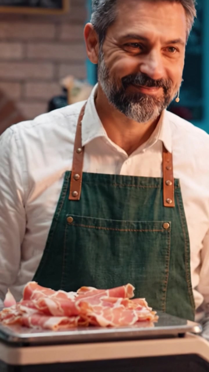 Artesão Preparando Fatias de Carne Curada com Cuidado em um Cenário de Cozinha Rústica, Exibindo a Maestria e Delicadeza das Artes da Charcutaria