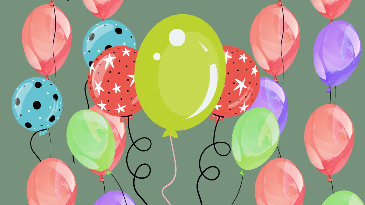 animación de múltiples globos de colores sobre un fondo verde