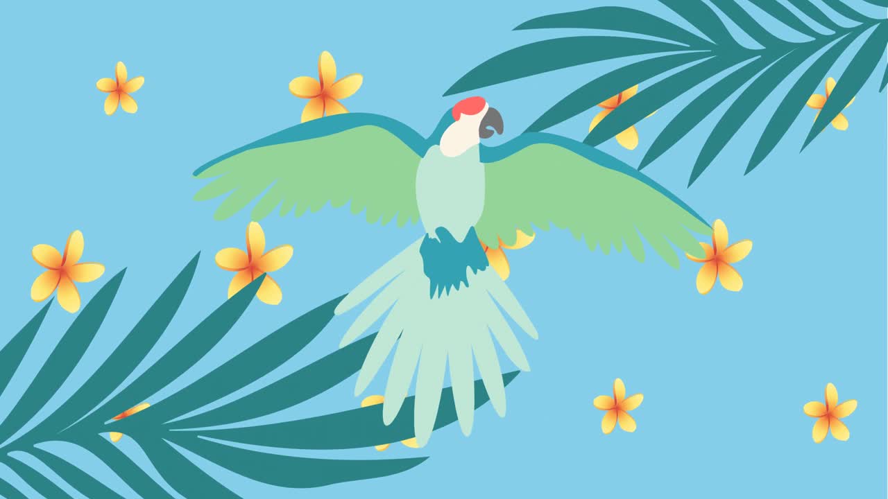 animación de flores amarillas pulsando en formación sobre hojas tropicales con loro exótico en azul