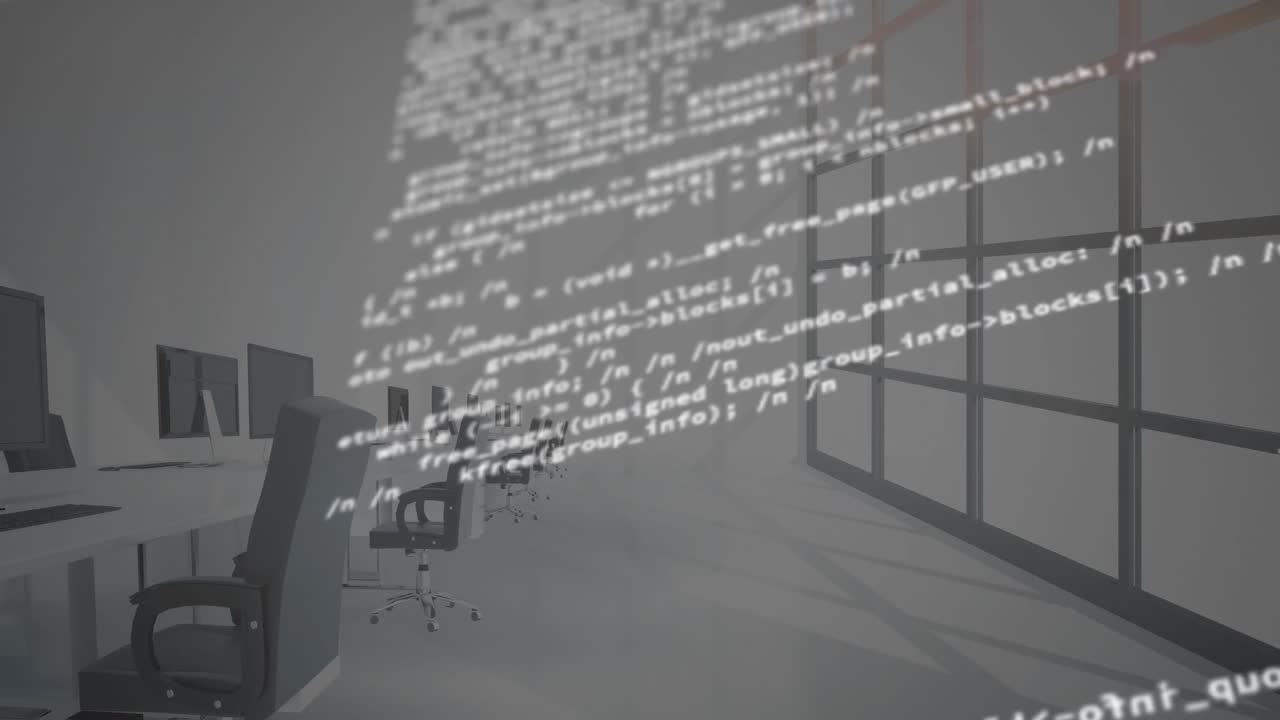 디지털 데이터 프로세싱의 디지털 구성과 배경의 비어있는 사무실