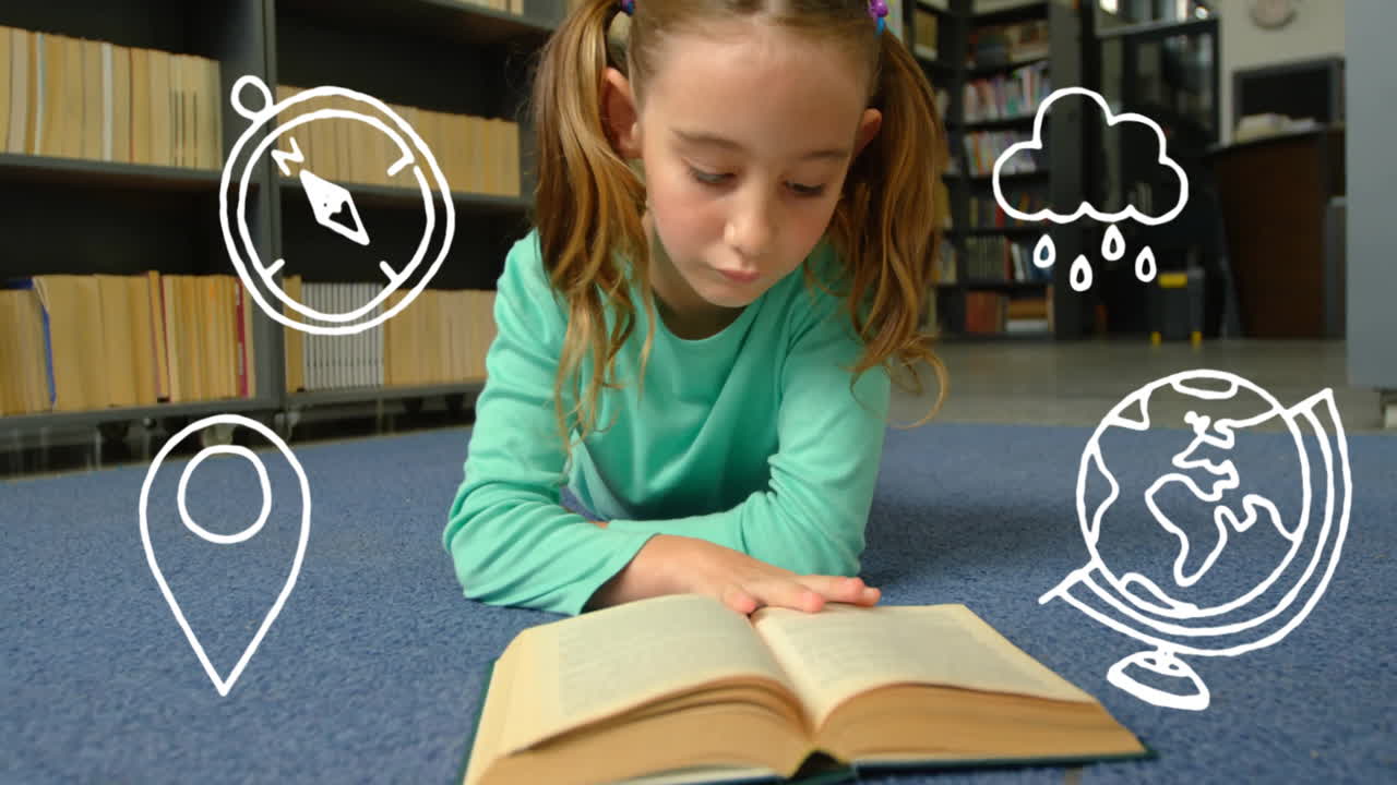 Animation of school items icons over caucasian schoolgirl reading book in library