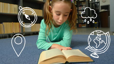 animación de objetos escolares iconos sobre escolar caucásica leyendo libro en la biblioteca