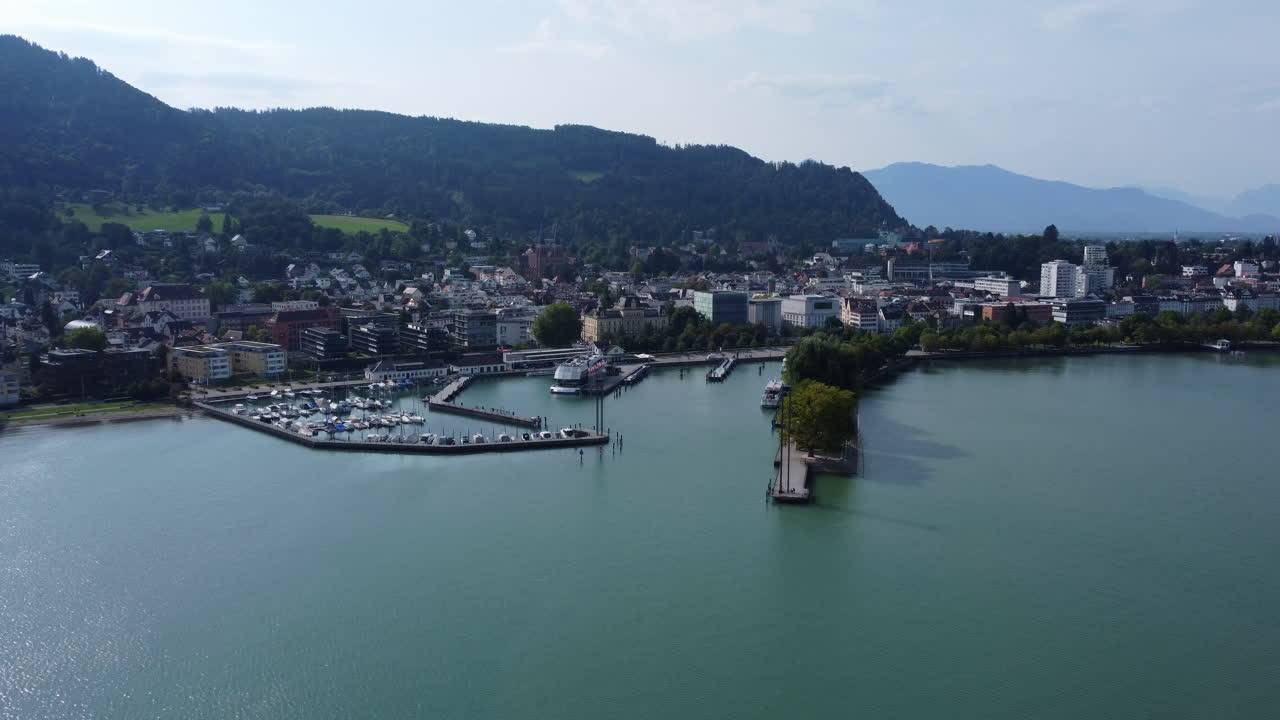 Aerial Pullback Marina and Ferry Harbor of Bregenz City, Austria