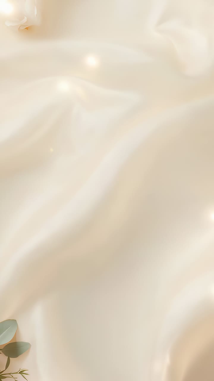 Vertical video: Appearing bokeh pulsing across cream silk in studio with rose, eucalyptus as decor