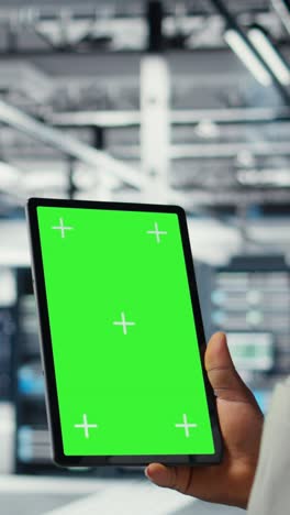 vertical video admin working in server farm using isolated screen tablet to analyze data
