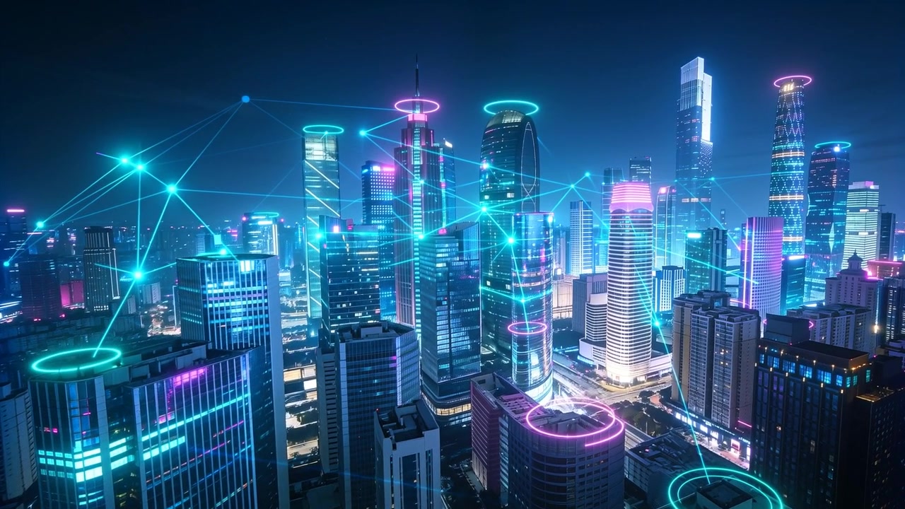 Pulsing rooftop rings activating network connecting towers over downtown, with moving nodes