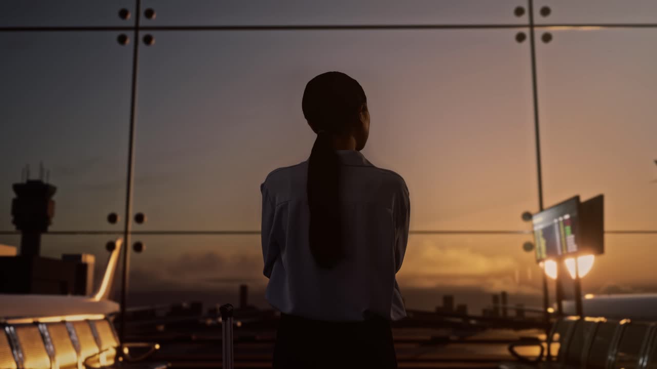 vista trasera de una mujer asiática con una maleta rodante en la sala de embarque del aeropuerto, cruzando los brazos y mirando a su alrededor mientras espera el vuelo, el avión despega fuera de la ventana