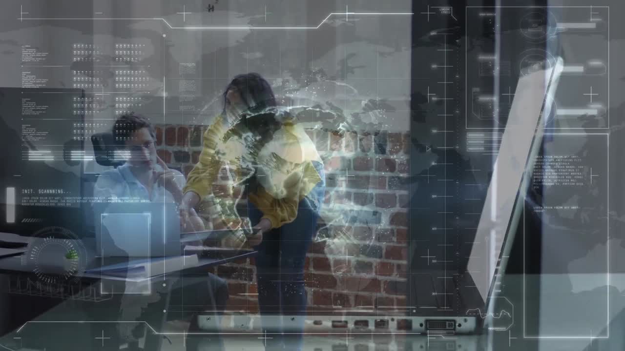 animación del procesamiento de datos y el mundo sobre diversas personas de negocios discutiendo