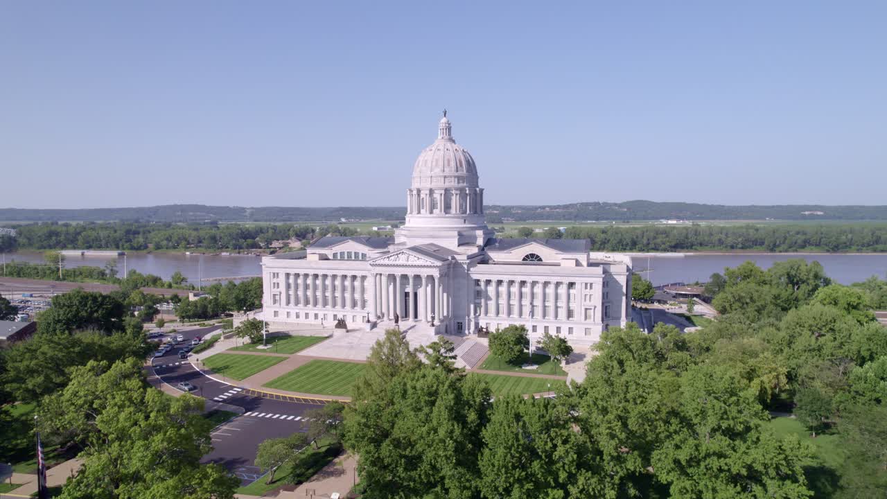 Discover the charm of Jefferson City's skyline and the iconic Capitol building from a bird's eye view.