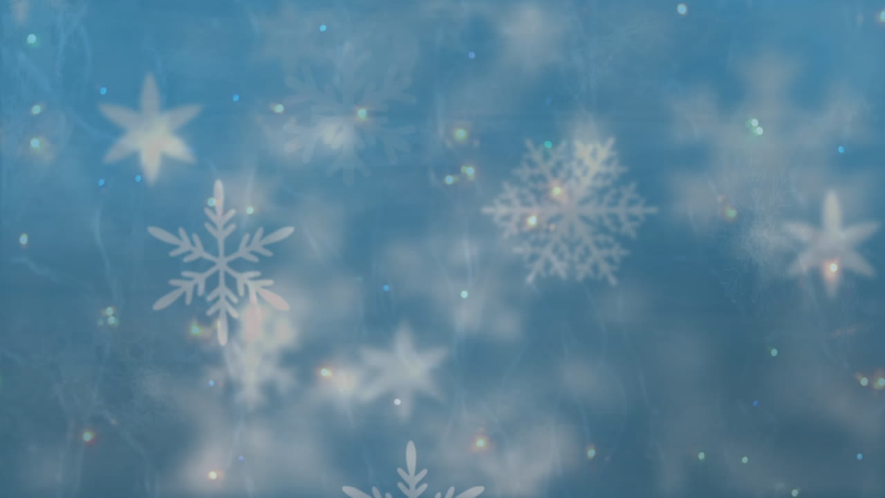 Snowflakes and spots of light moving against blue background