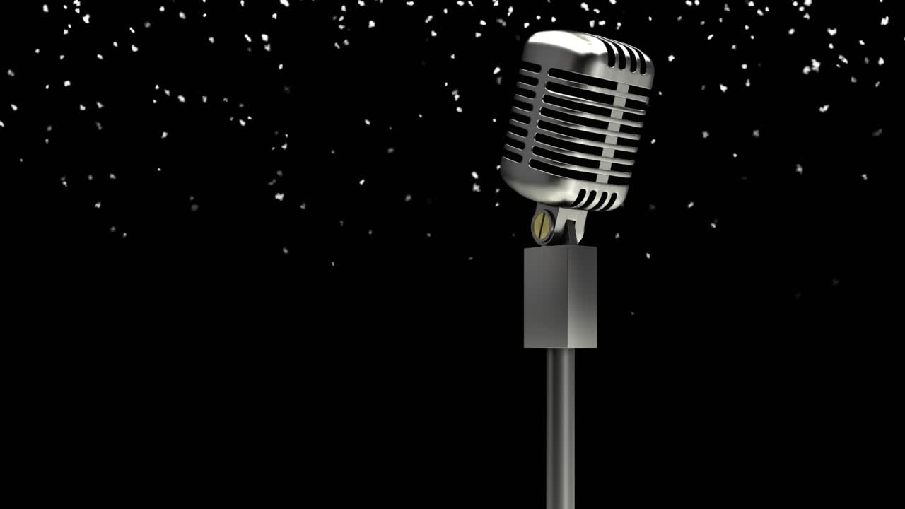 animación de nieve cayendo sobre el micrófono en un fondo oscuro