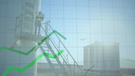 green line graph animation over industrial worker standing on metal stairs