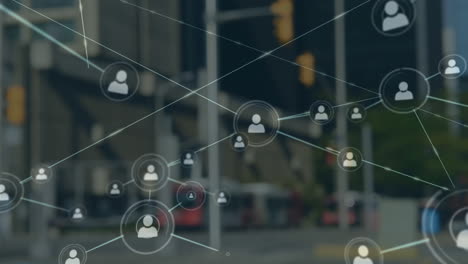 animation of network of connections with statistics over cityscape