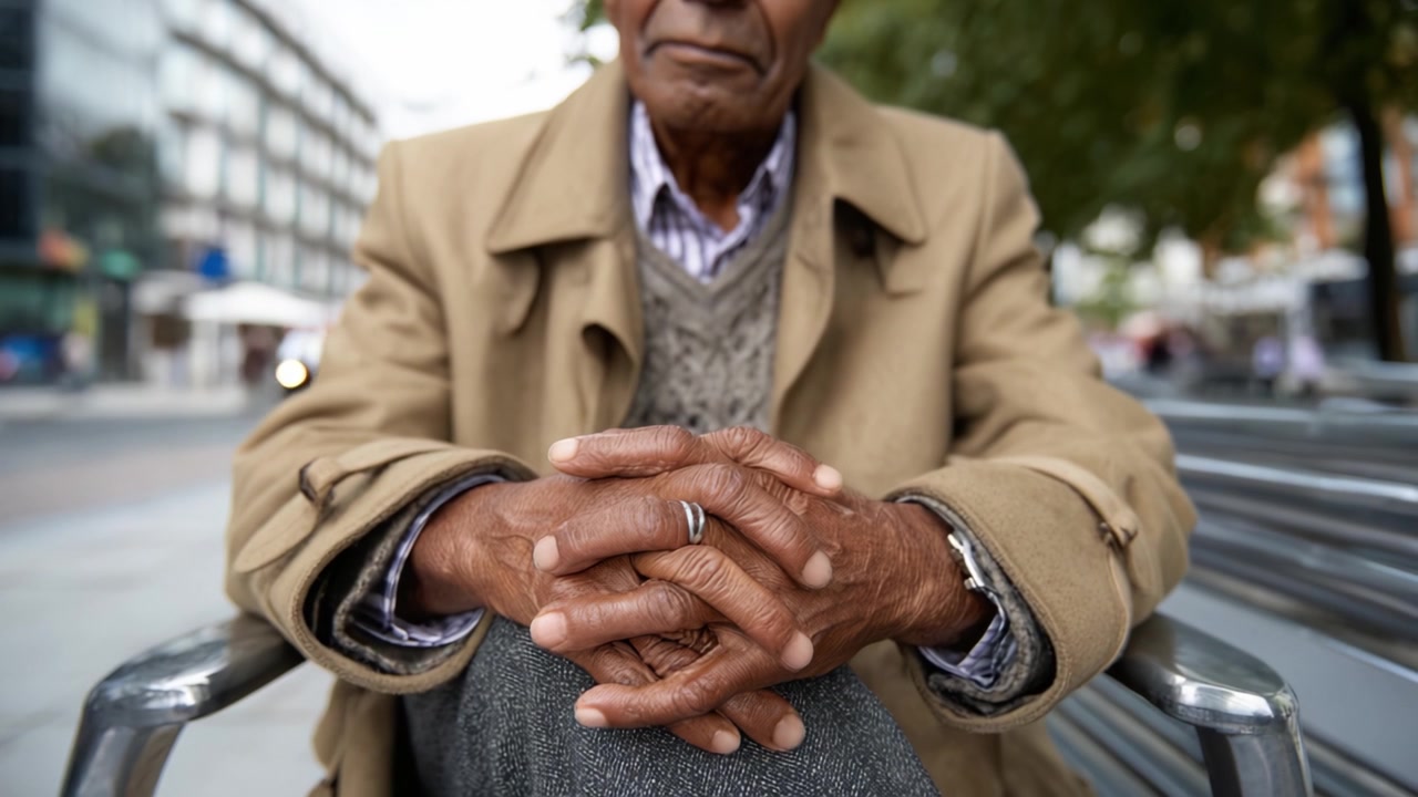 En eftertænksom ældre mand sidder roligt på en bænk med krydsede hænder i et bymiljø med blødt fokus på baggrunden og naturlig belysning, der fremhæver øjeblikket