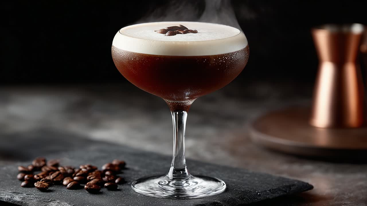 A Stunning Espresso Martini Captured Perfectly, Showcasing Rich Espresso Layer and Delicate Foam Topped with Coffee Beans, Perfect for Any Sophisticated Evening