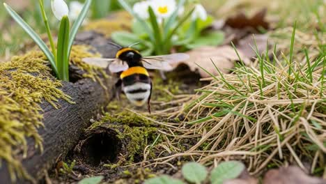 a bumblebee interacts with blossoming flowers and lush green grass in a picturesque garden setting, showcasing nature's vibrant ecosystem and pollination process