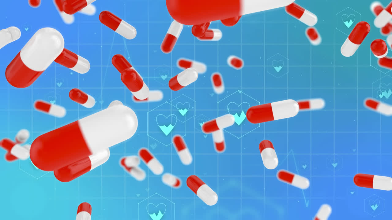 의학 아이콘과 파란색 배경에 떨어지는 알약의 애니메이션