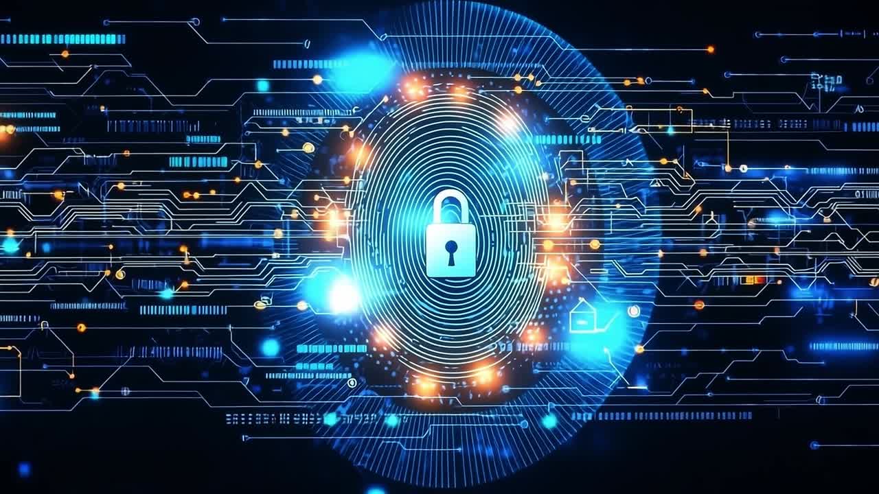 Fingerprint illustrating security. A digital fingerprint surrounded by glowing circuits represents cybersecurity and data protection in modern technology.