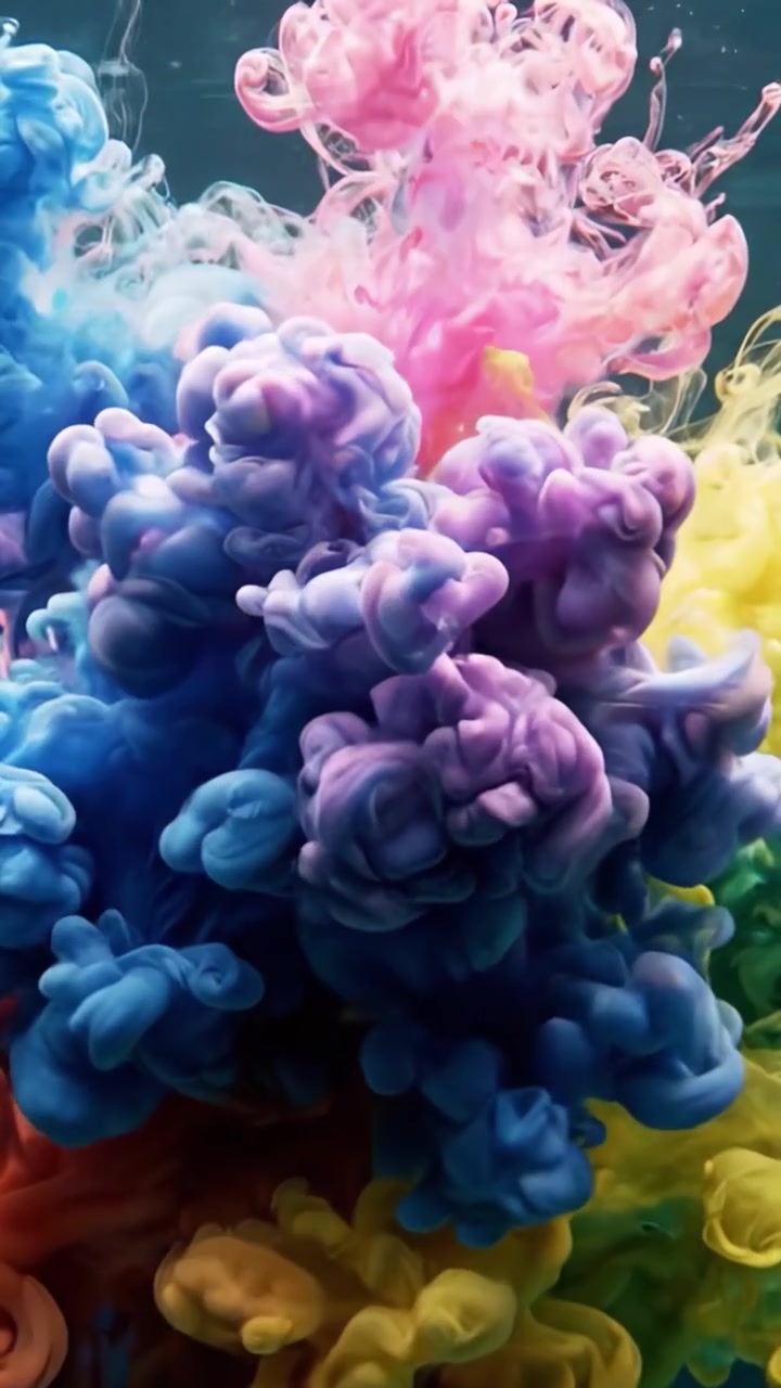 Fusione vibrante di colori in mezzo liquido: uno spettacolo mozzafiato di vortici di inchiostro o pigmento colorati che cattura lo spettatore con la sua bellezza eterea e le dinamiche fluide.
