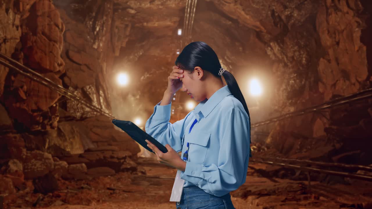 Side View Of Asian Female With Her Tablet In Underground Mine Tunnel, Checking With Dissapionted And Nodding Her Shead
