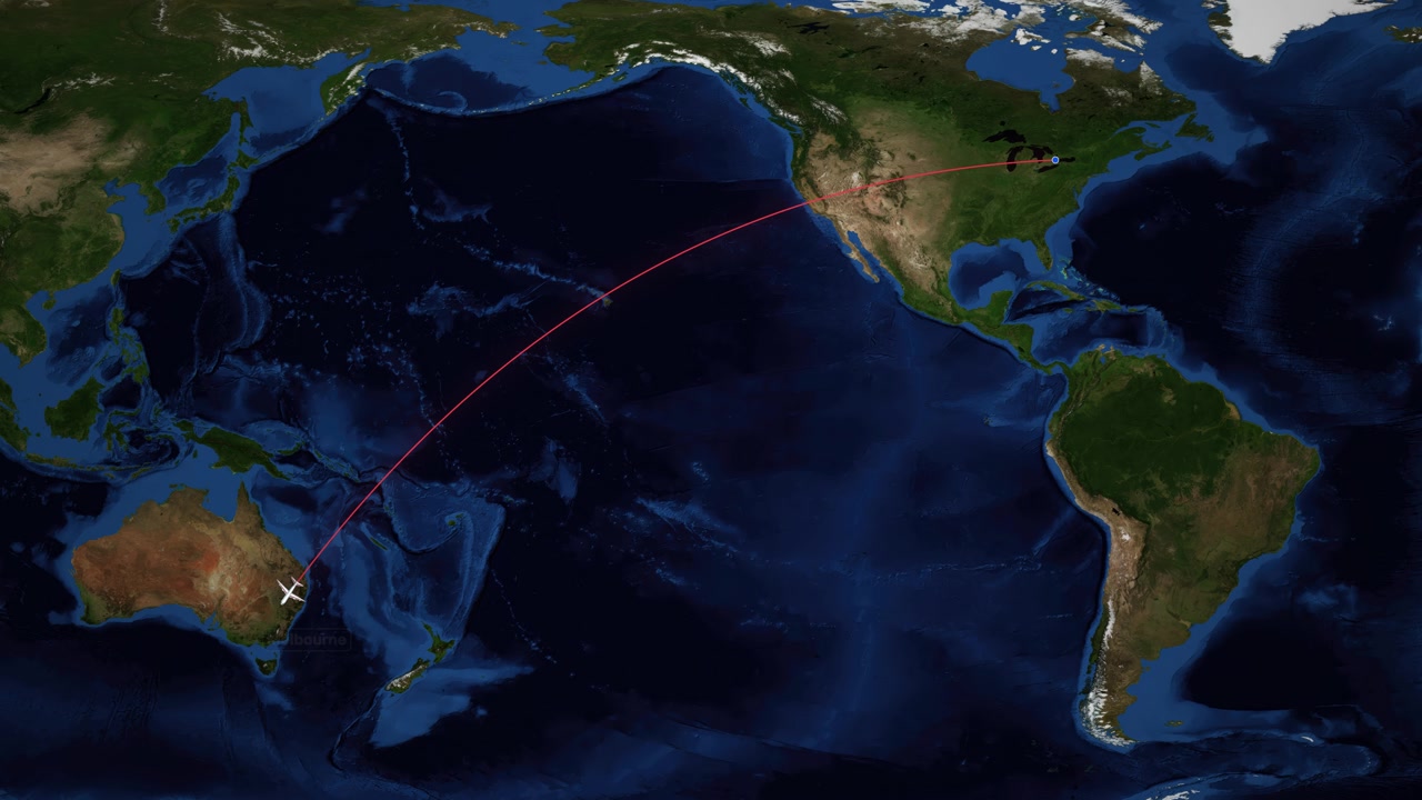 A white airplane icon follows a red line across a world map over the Pacific