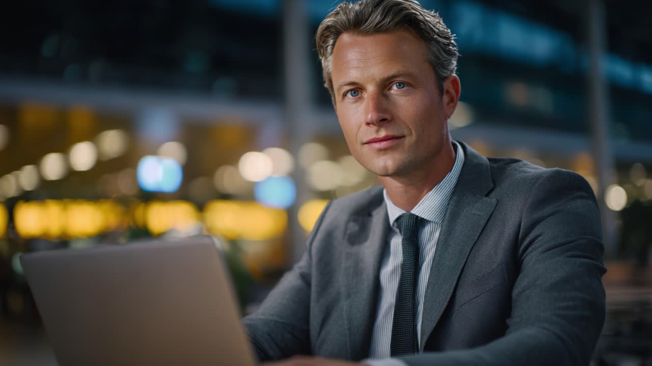 Professionel mand i jakkesæt arbejder på bærbar computer i et moderne kontormiljø om natten, optaget af en vigtig opgave med et roligt og selvsikkert udtryk