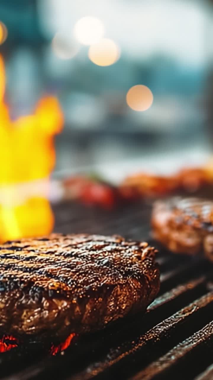 Hamburger Sfrigolanti alla Griglia: L'Arte degli Hamburger di Manzo Cucinati alla Perfezione su una Griglia da Barbecue con uno Sfondo di Fiamme e Fumo, Catturando Consistenza Succosa e Sapore