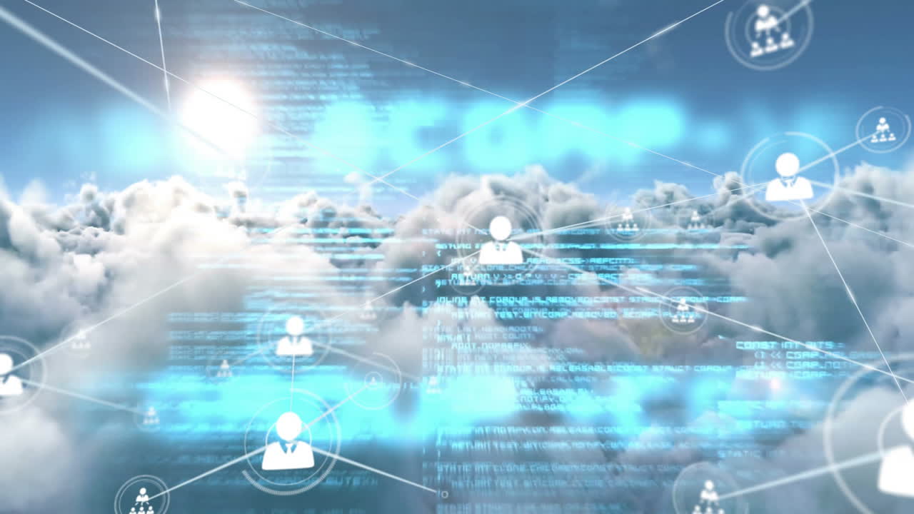 클라우드에서 사람 아이콘과 데이터 처리의 연결 네트워크의 애니메이션