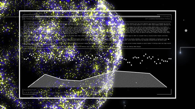 Animation of digital data processing binary coding over floating mesh on black background