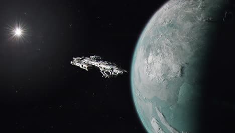 gran nave espacial futurista en un patrón de espera por encima de un exoplaneta antes de dejar la órbita