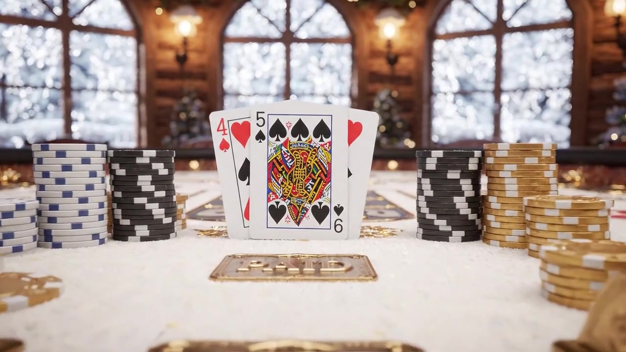 Exciting Winter Casino Scene Featuring Poker Cards and Chips in a Cozy Lodge Setting with Snowy Windows, Highlighting the Thrill of Betting and Winning.