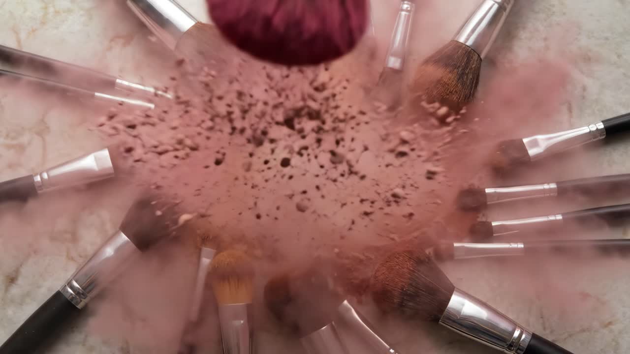 Slow Motion of Makeup Brush Exploding Colorful Powder
