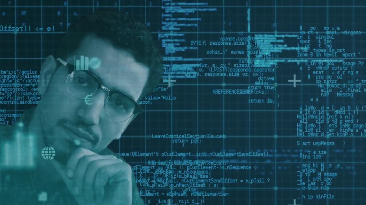 animación del retrato de un hombre pensativo y procesamiento de datos azules sobre la cuadrícula