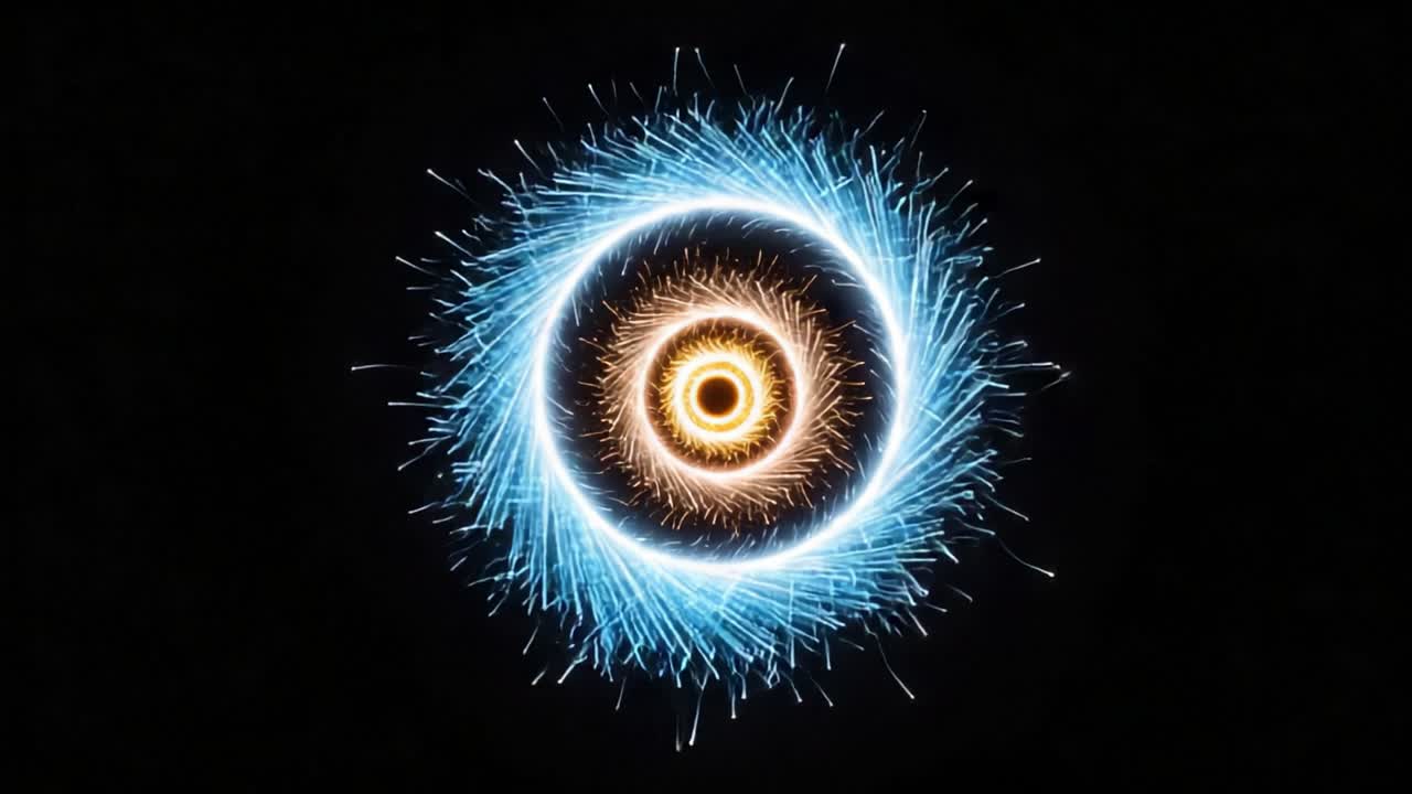 A mesmerizing display of dynamic energy and light, showcasing a vibrant visual of concentric circles radiating with brilliant sparks and luminous effects against a dark background