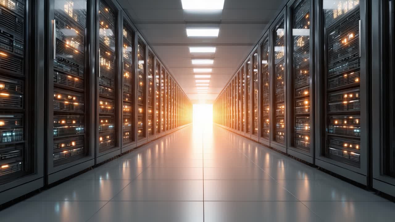Una Splendida Prospettiva di un Corridoio di Data Center Illuminato da Luce Intensa, che Mostra File di Server e Tecnologia Moderna in un Effetto Tunnel Infinito
