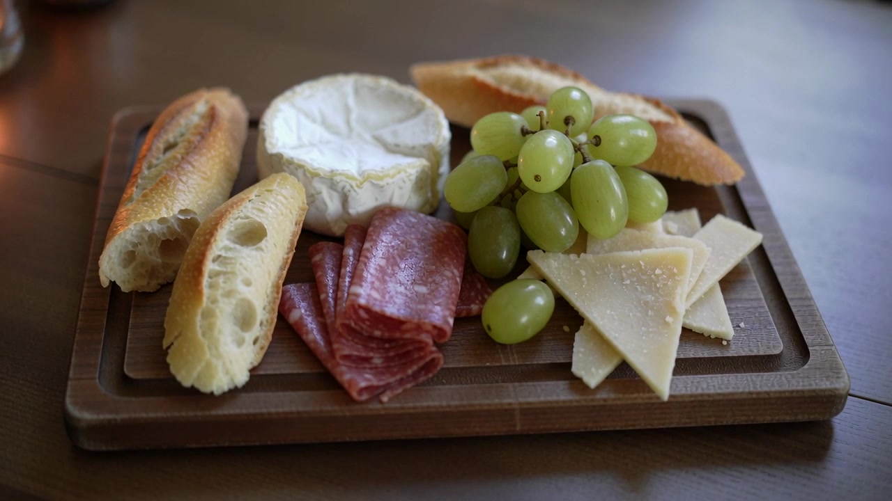 Showing wooden board holding cheeses, meat, grapes and bread on dining table while lens focusing