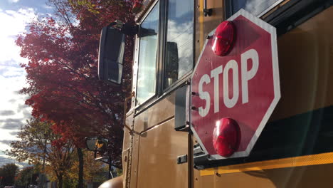 Schulbus-Zurück-Zur-Schule,-Herbstlaub,-Stoppsignal-Für-Den-Schülertransport