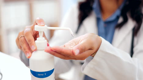 hand sanitizer, doctor and woman cleaning hands