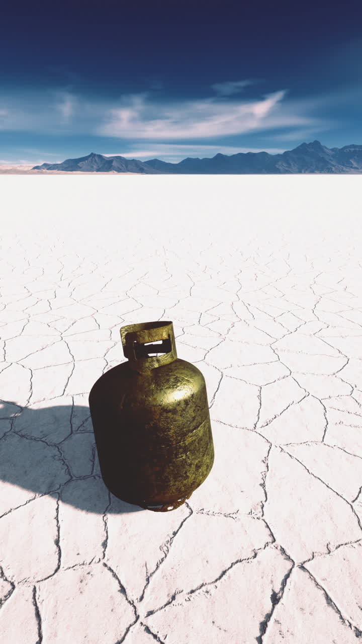 A lone gas canister rests on a vast salt flat under a stunning sky