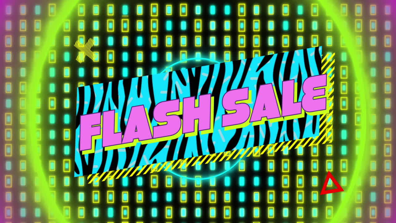 animación del texto de venta flash en la burbuja de habla retro con formas abstractas