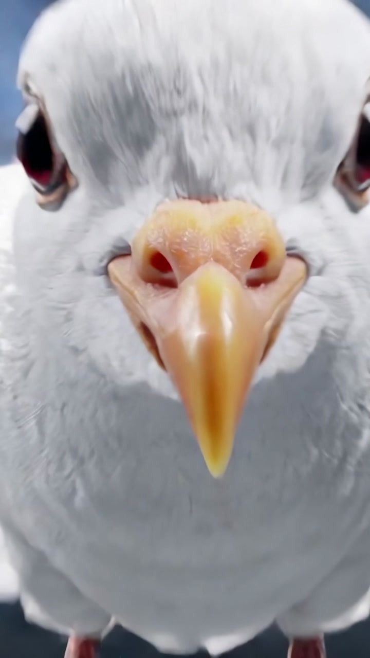 Vertical video: Flapping white dove approaching viewer in dark void, flare forcing rapid retreat