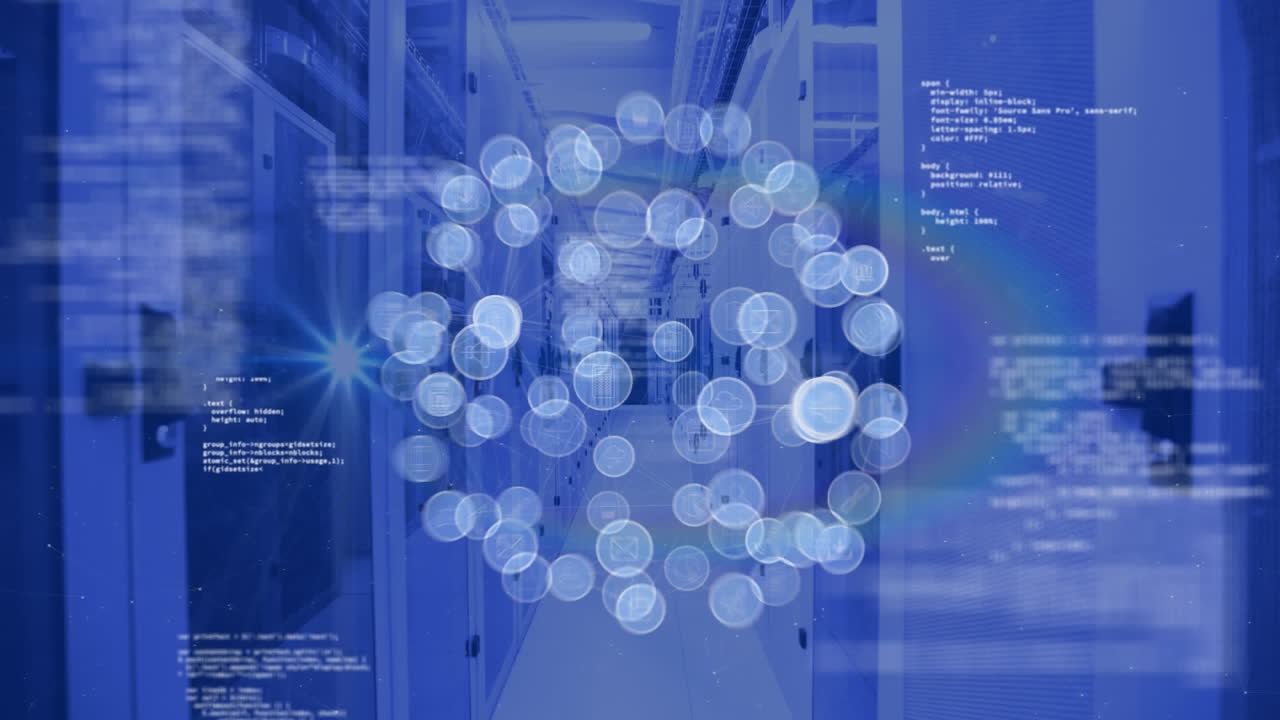 Animation of globe of digital icons, data processing and light spot against computer server room