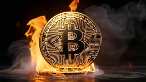 bitcoin coin on fire with smoke