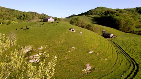 aerial push into old mountain farm scene near bethel nc, near boone and blowing rock nc, north carolina