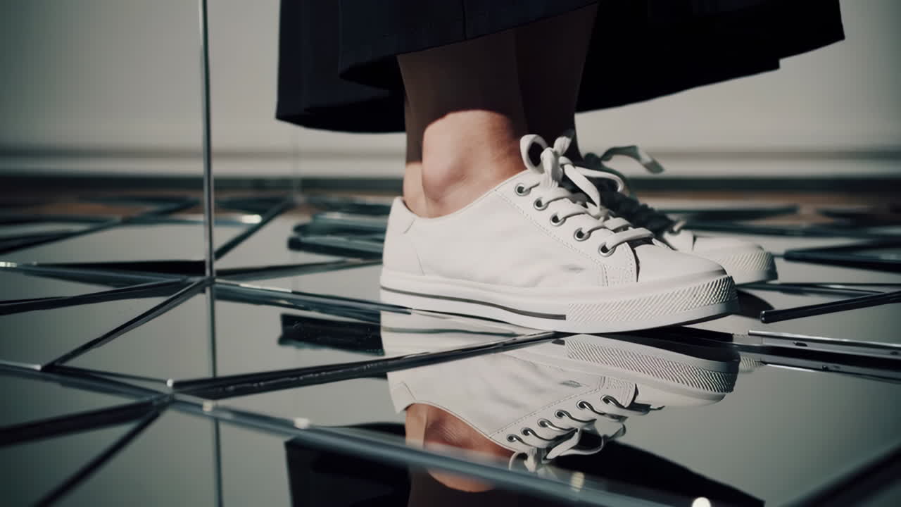 White sneakers and black skirt on a reflective surface