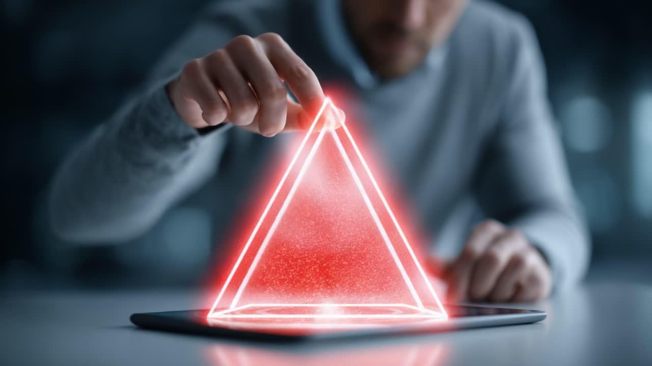 A man interacts with a glowing red triangular hologram emerging from a tablet, illustrating the captivating fusion of technology and creativity in a digital workspace